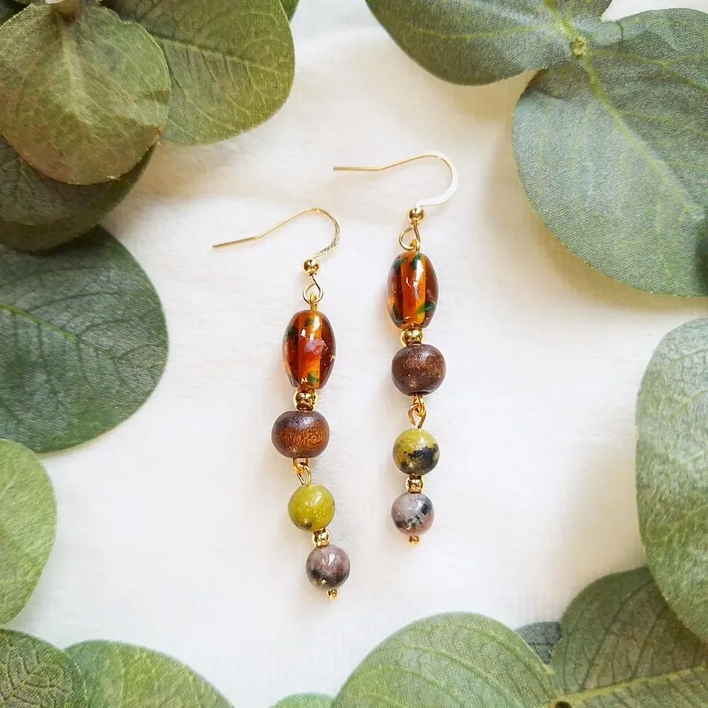 Green Serpentine, Lampwork Glass, & Wood Beaded Dangle Earrings